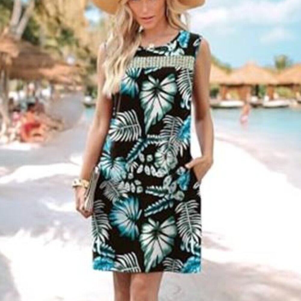 Casual T-Shirt Dress V-Neck Short Sleeve Colorful Floral Dress with Pockets